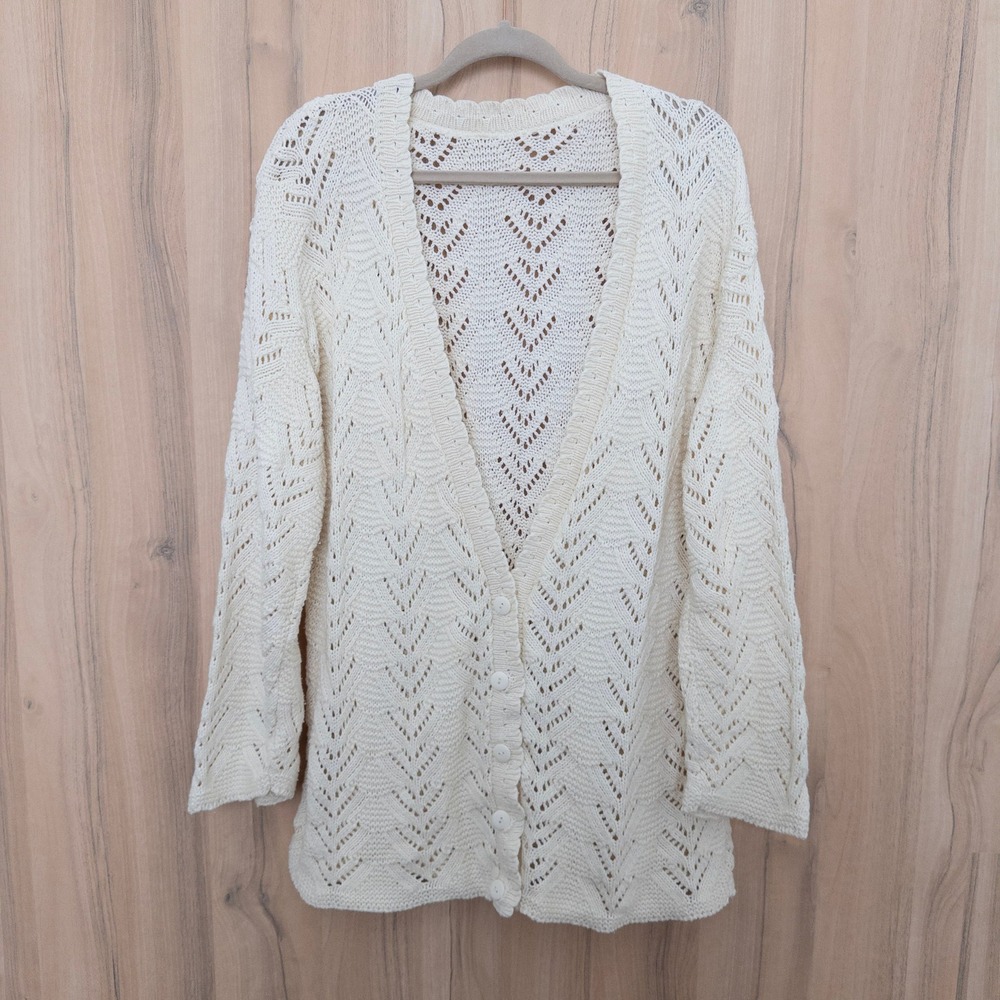 Vintage Womens Cardigan Size 2-3X Cream Crochet Boho Cottagecore Retro Classic
